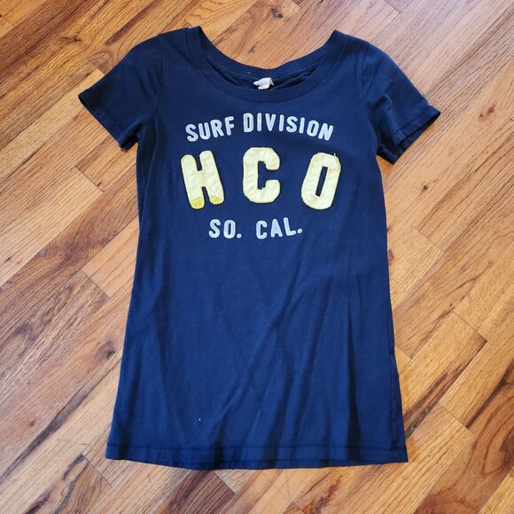 Hollister Surf Division Navy Babydoll Tee Y2K 2000s So. Cal Raised Logo Yellow L - Picture 1 of 6